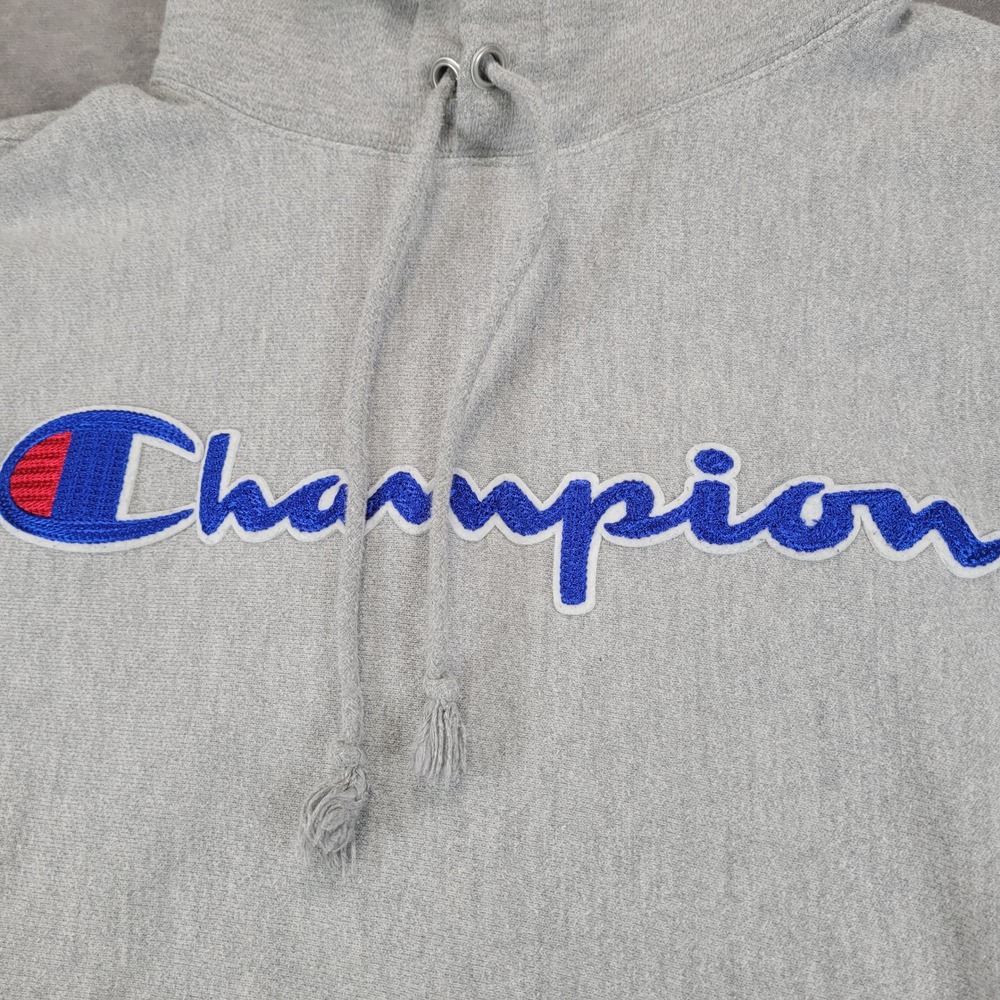 Champion Reverse Weave Mens Medium Heather Gray Script Logo Hoodie Sweatshirt - Picture 2 of 6